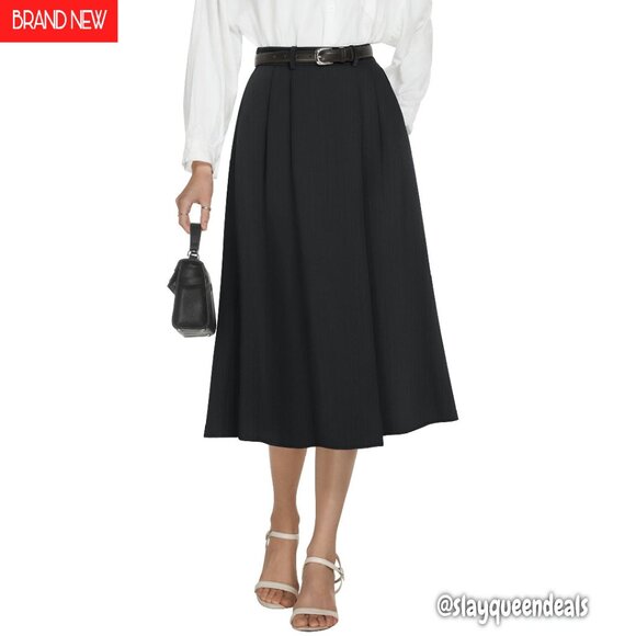 High Waisted Midi Skirt A-Line Pleated Work Skirt with Pockets - Picture 1 of 8